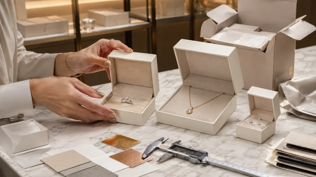 Jewelry packaging sample review checklist showing custom jewelry boxes, inserts, logo finishes, and shipping protection before bulk orders
