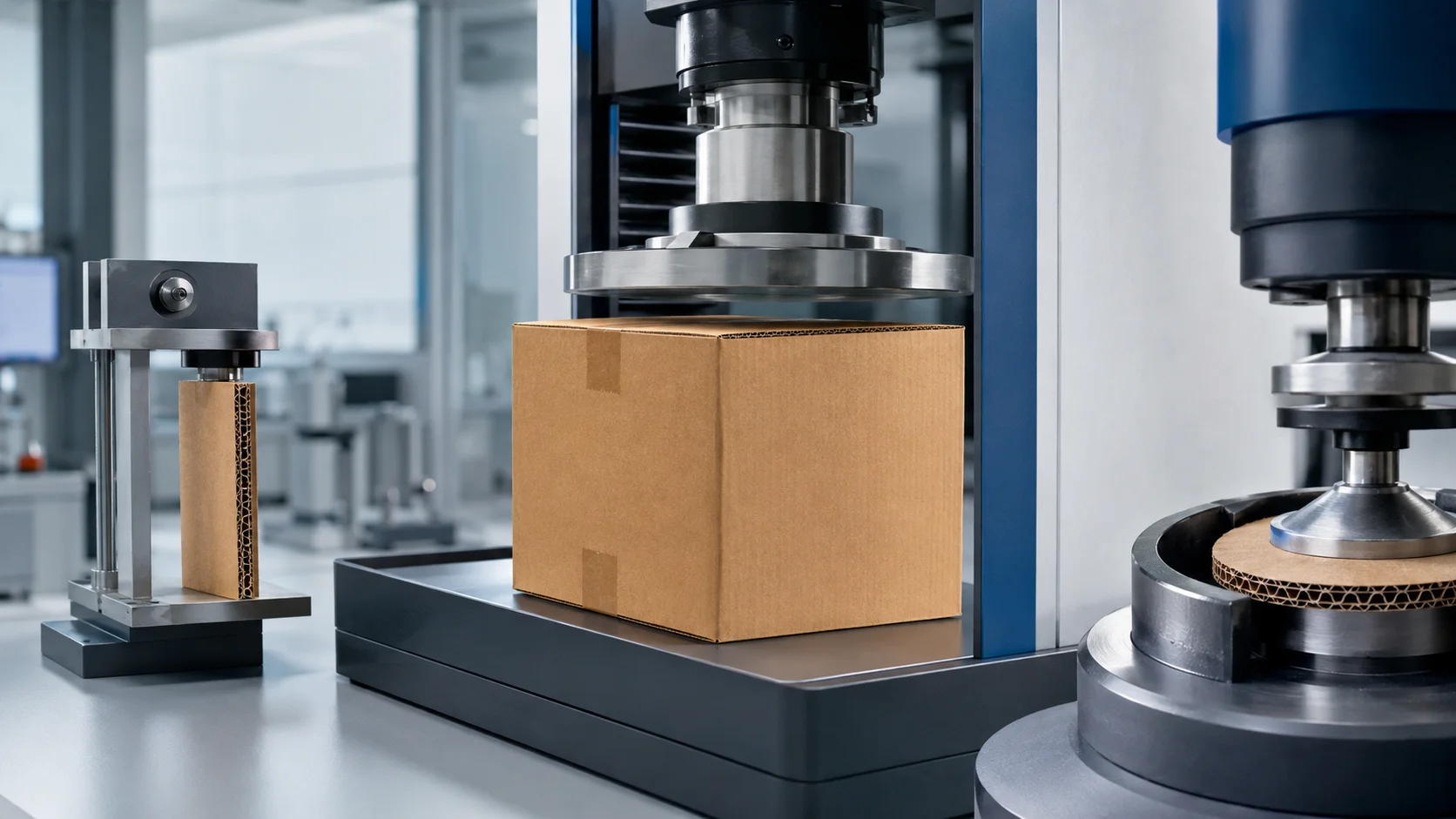 Corrugated box strength testing with edge crush, box compression, and burst test equipment in a packaging laboratory.