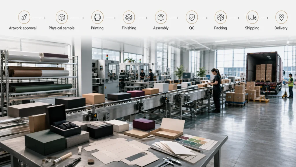 Custom packaging timeline from artwork approval to delivery, showing proofing, sampling, production, inspection, shipping, and customs clearance.