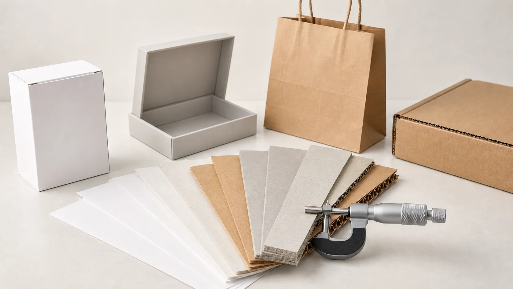 Paper weight and thickness samples for folding cartons, rigid boxes, paper bags and corrugated packaging