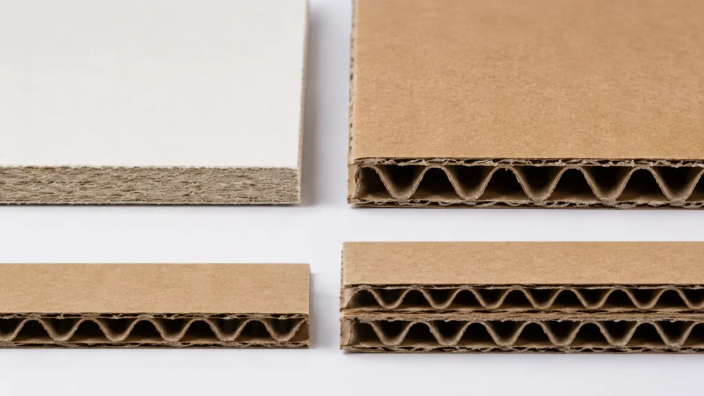 Paperboard and corrugated board cross-sections showing single layer, flute and liner construction