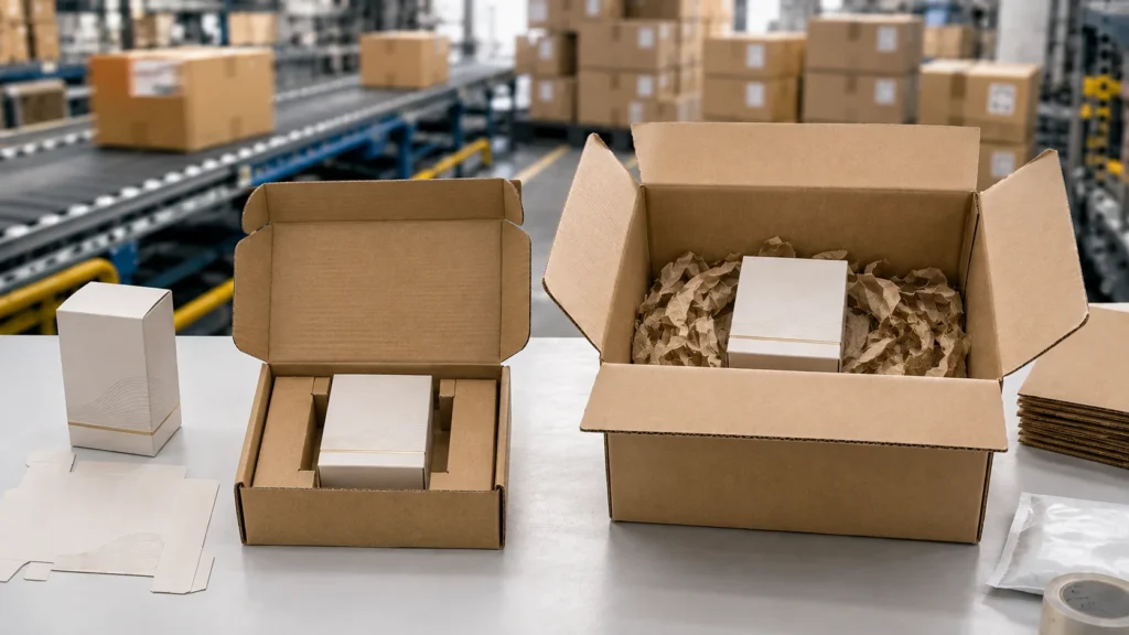 Paperboard product carton inside a corrugated mailer for e-commerce parcel shipping protection