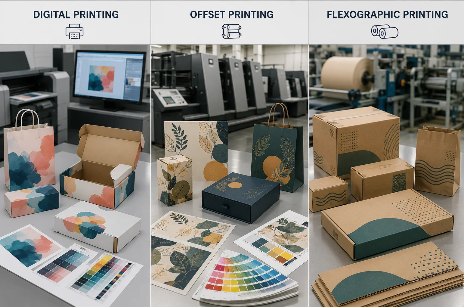 Digital, offset, and flexographic printing methods compared with folding cartons, corrugated boxes, rigid box wraps, and paper bags.