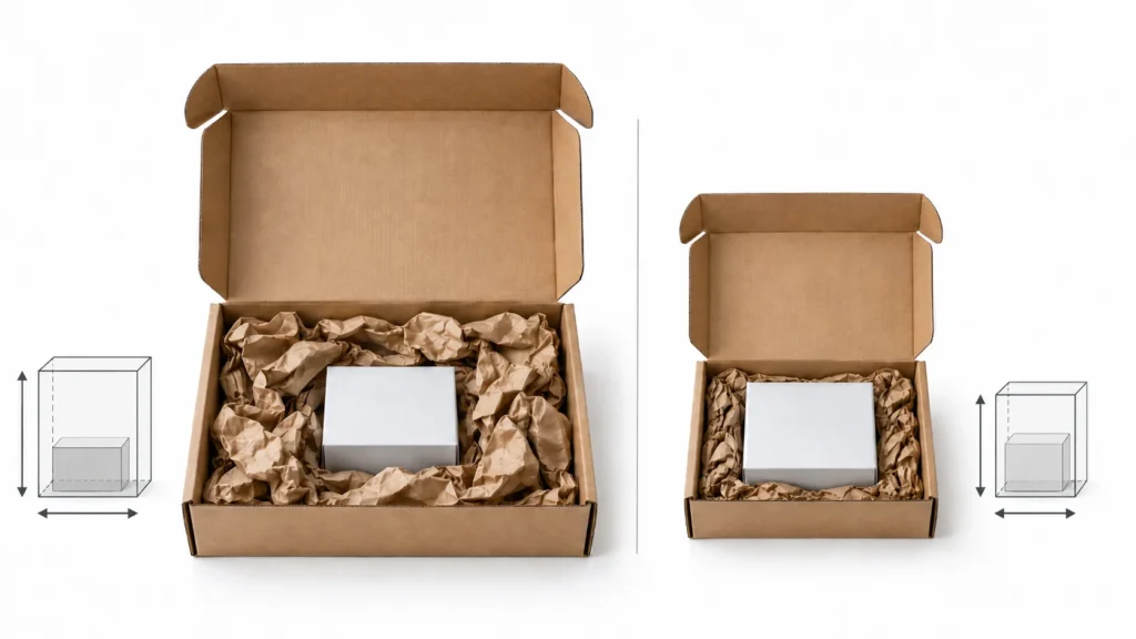 E-commerce packaging empty space comparison with oversized mailer and right-sized mailer