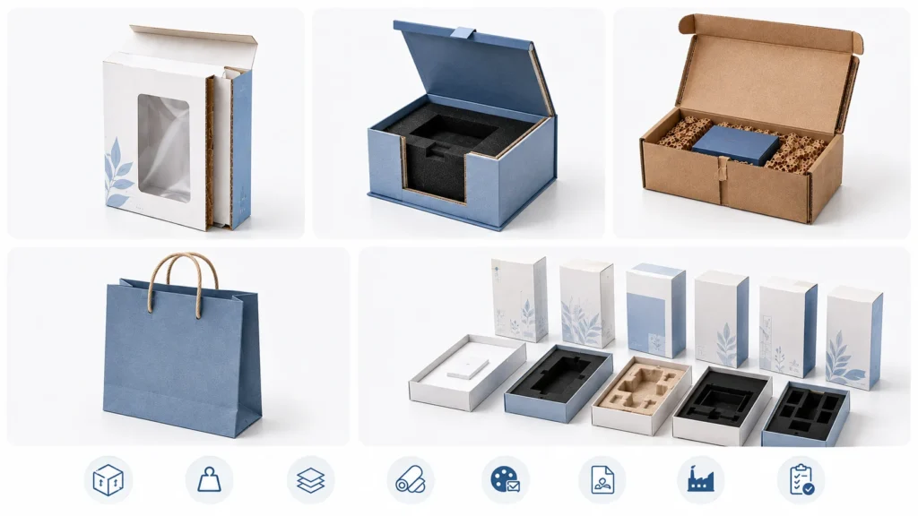 Five paper packaging examples for PPWR review including folding cartons rigid boxes mailers paper bags and multi-SKU packaging