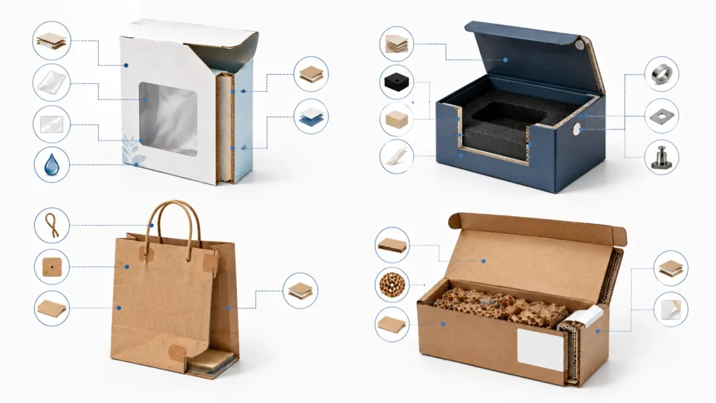 Mixed materials in paper packaging including lamination windows magnets inserts handles and fillers