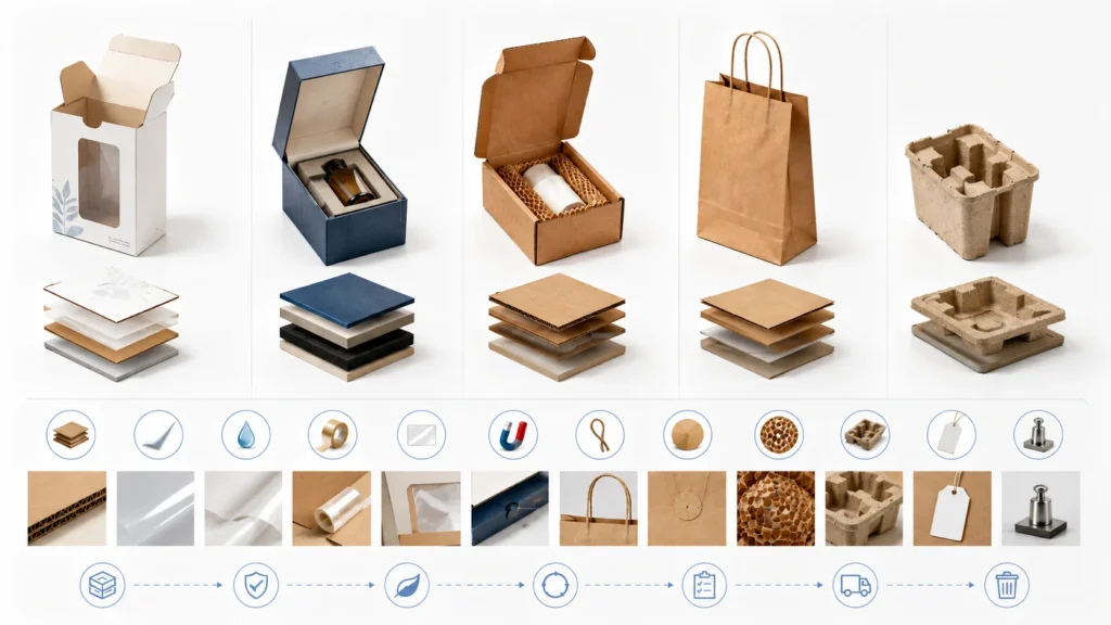 Paper packaging system with folding cartons rigid boxes paper bags mailers and components