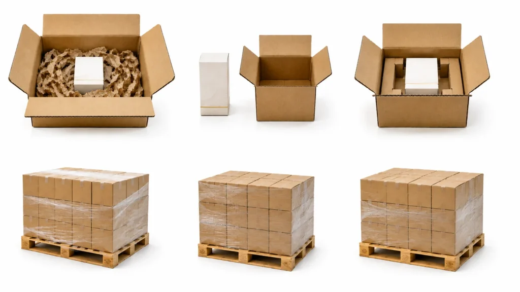 Right-sized paperboard and corrugated packaging system compared with oversized packaging and excess material