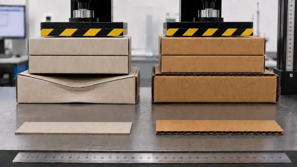 Thick paperboard vs corrugated box under compression showing thickness does not equal strength