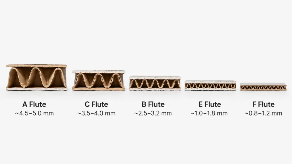 Corrugated flute thickness comparison from A flute to F flute