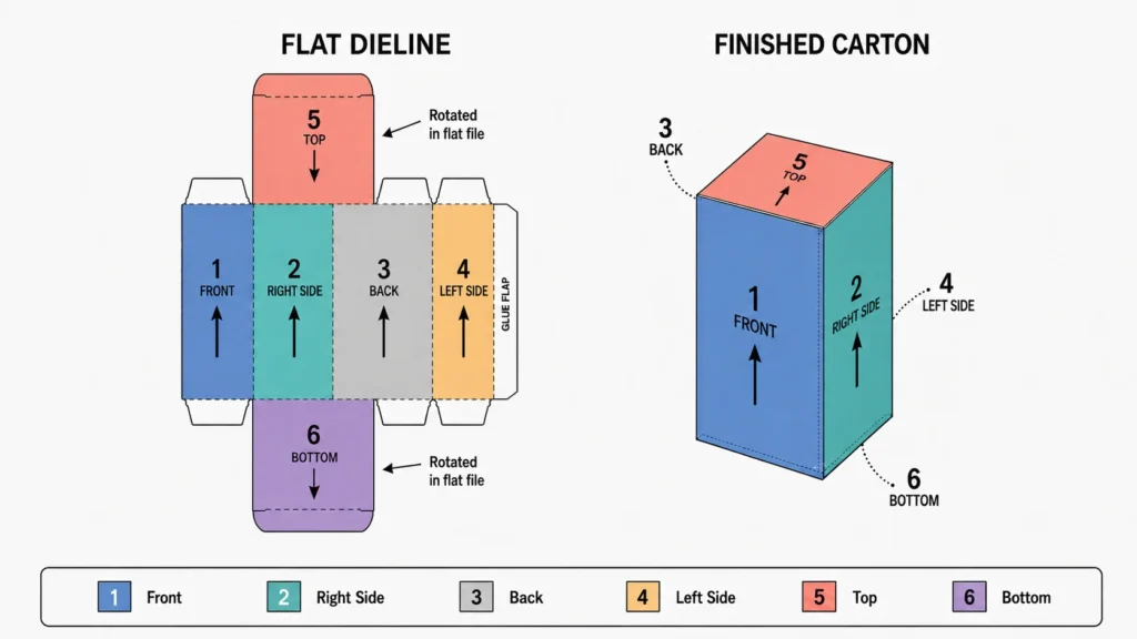 Flat packaging dieline mapped to a finished folding carton with panel orientation