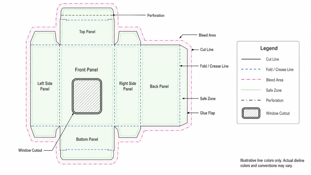 Annotated packaging dieline showing panels cut lines fold lines bleed safe zone and glue flap