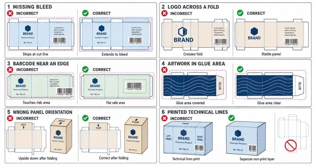 Correct and incorrect packaging dieline artwork showing bleed fold barcode glue and orientation mistakes