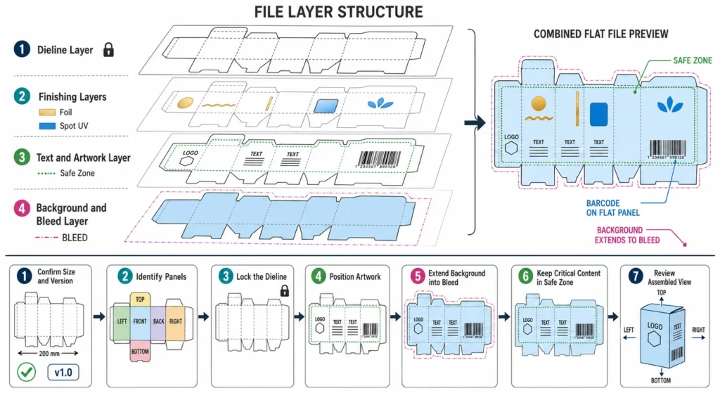 Packaging dieline artwork layers and print-ready artwork placement workflow