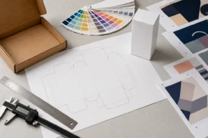 Packaging dieline artwork and assembled paper boxes prepared for print production