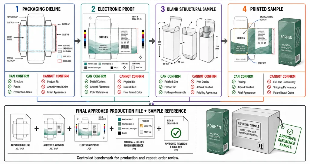 Comparison of a packaging dieline electronic proof blank sample and printed sampleL