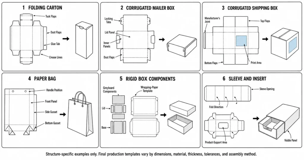 Comparison of dielines for folding cartons mailer boxes shipping boxes paper bags rigid boxes and sleeves