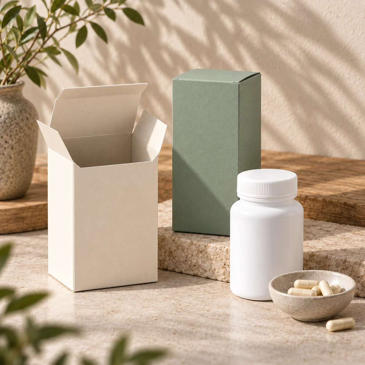 Custom capsule and tablet packaging boxes with blank supplement bottles, realistic folding carton structures, and coordinated paperboard materials.