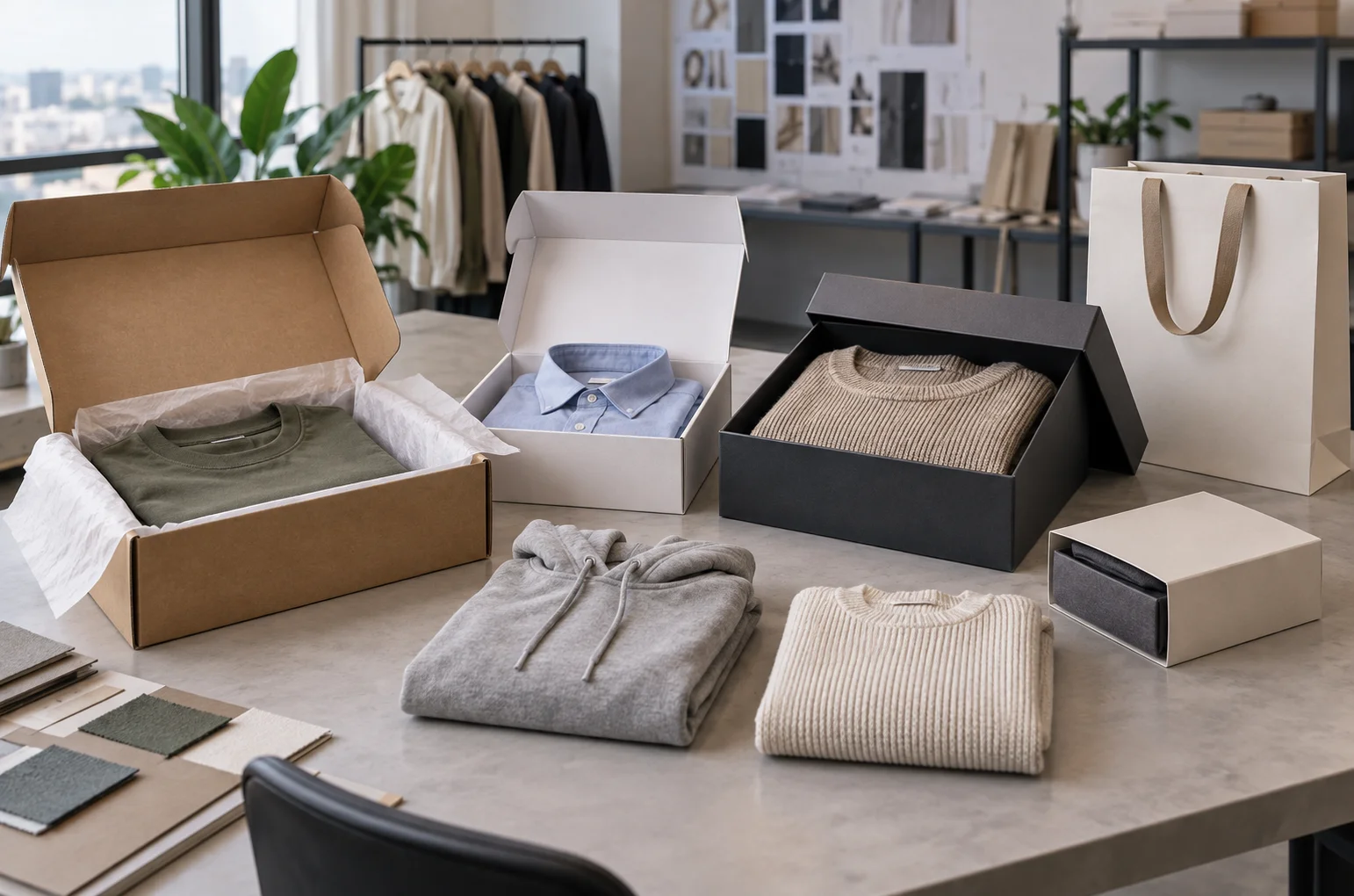 Clothing brand packaging ideas with corrugated mailer, folding carton, rigid box, paper bag, sleeve and tissue paper
