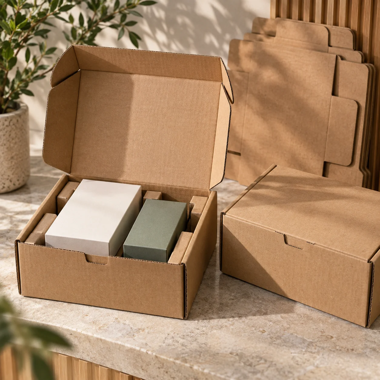 Open kraft corrugated supplement mailer box with blank retail cartons fitted neatly inside for e-commerce and DTC fulfillment.