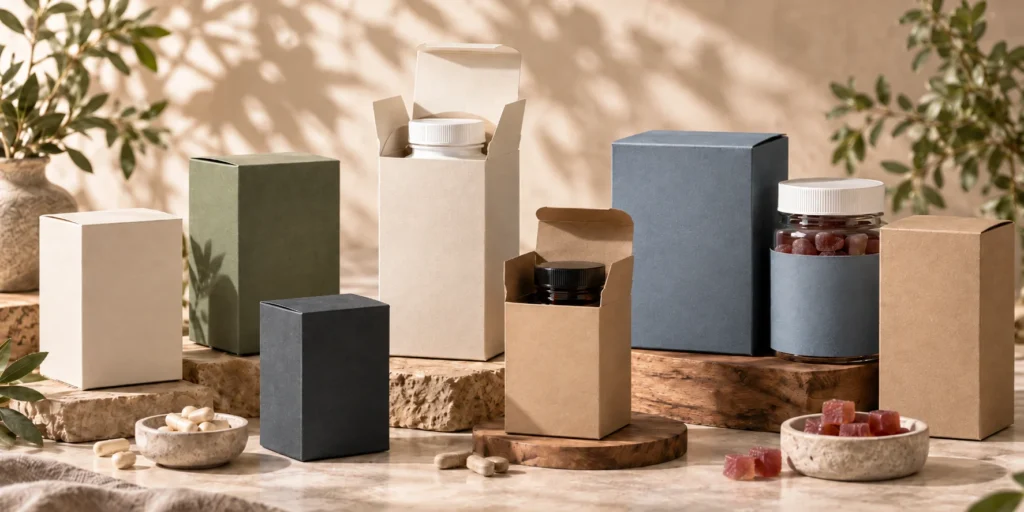 Custom supplement folding cartons, vitamin boxes, capsule packaging and gummy supplement boxes displayed as a coordinated multi-SKU paper packaging collection.