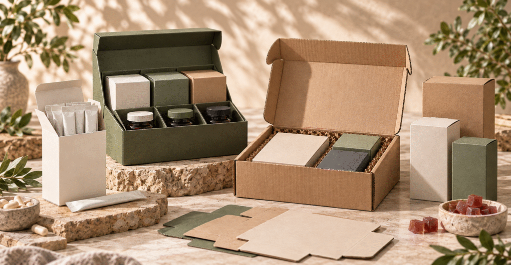 Sachet cartons, supplement multipack boxes, corrugated mailer boxes and FSC-style paper packaging arranged as a coordinated supplement packaging collection.