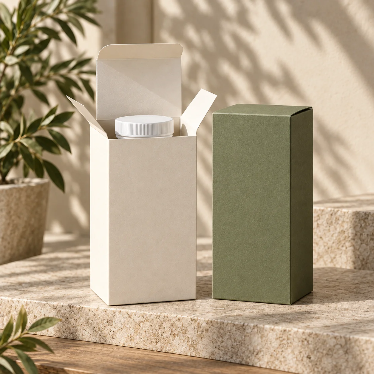 Custom vitamin packaging boxes arranged as a coordinated multi-SKU paper carton family with blank vitamin bottles fitted inside selected cartons.