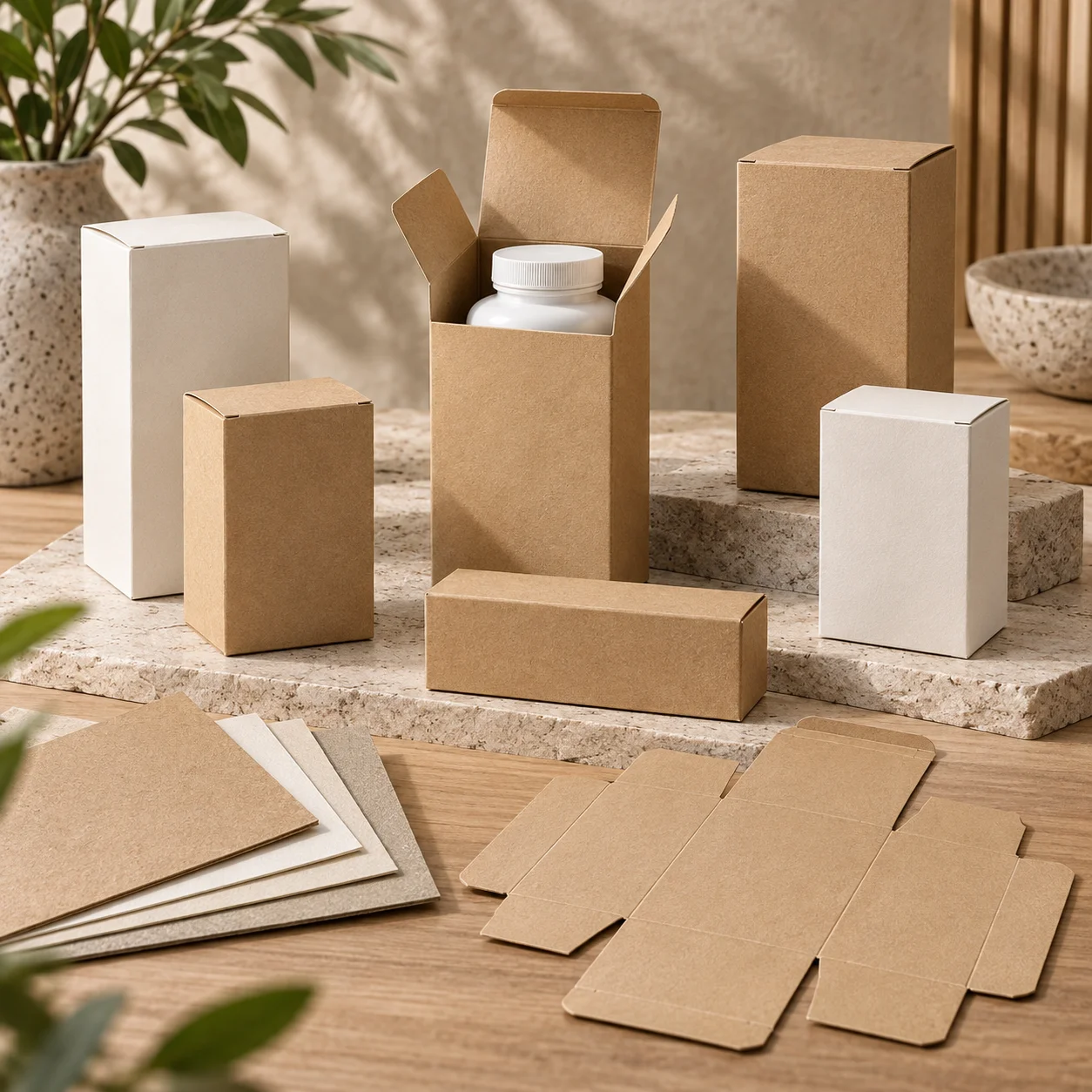 Natural kraft and white paper supplement packaging boxes representing FSC-certified paper options for vitamin and nutraceutical brands.