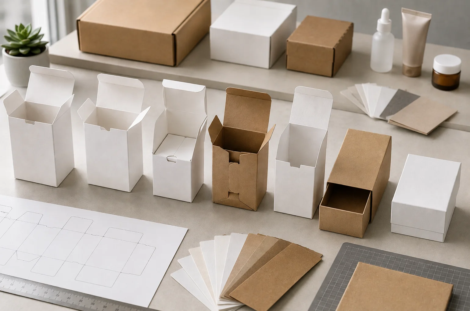 Folding carton styles comparison with tuck end, auto-lock bottom, snap-lock bottom, seal end, sleeve and two-piece cartons.