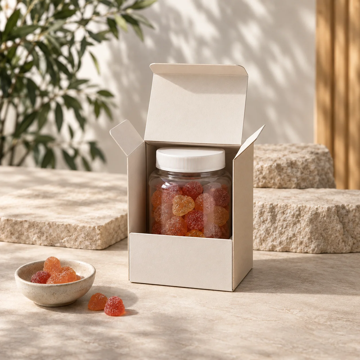 Custom gummy supplement packaging boxes with a blank gummy jar fitted inside a paper folding carton and coordinated multi-SKU cartons nearby.