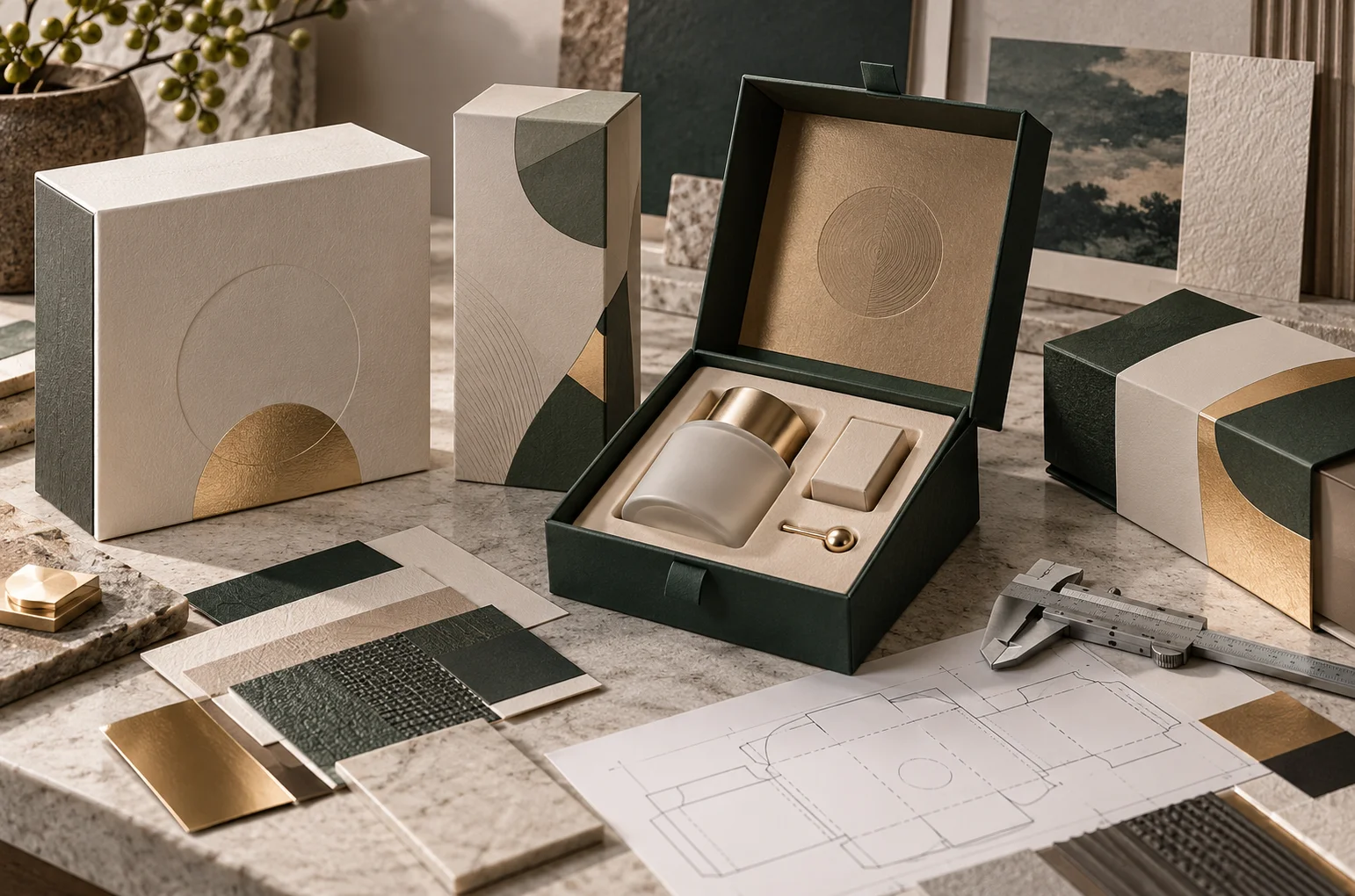 Luxury packaging design with rigid boxes, folding cartons, premium paper materials, finishes, and custom inserts
