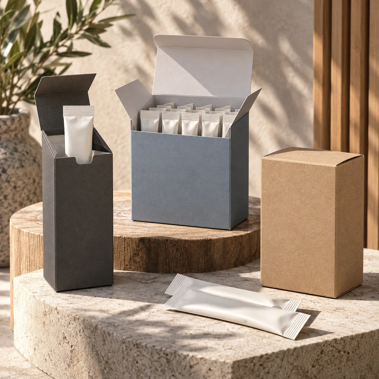 Custom sachet and stick pack cartons with blank supplement stick packs organized inside realistic paper folding cartons.