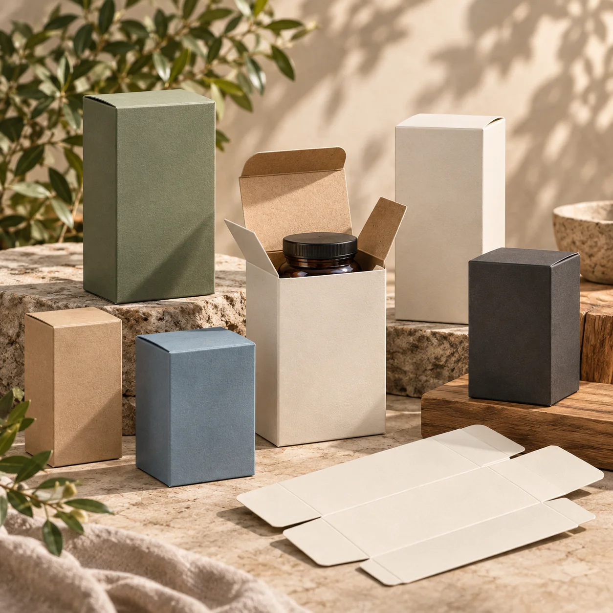 Custom supplement folding carton boxes in different sizes with an open carton fitted around a blank finished supplement bottle.