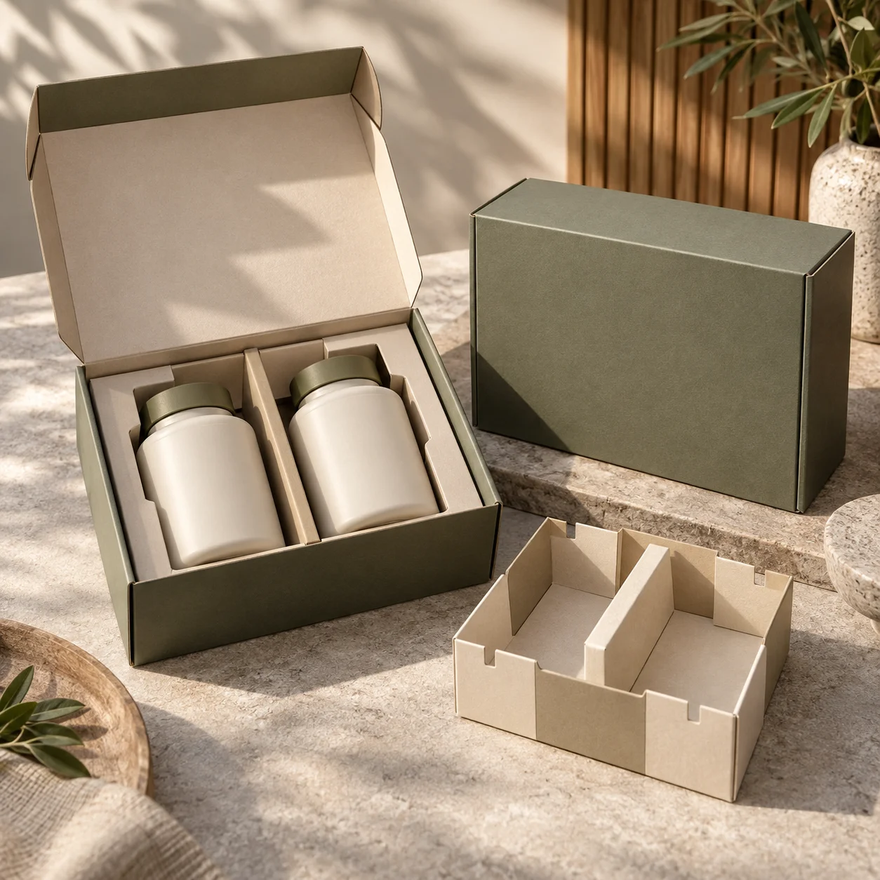 Custom supplement multipack box with multiple blank supplement cartons organized inside using realistic paperboard dividers.