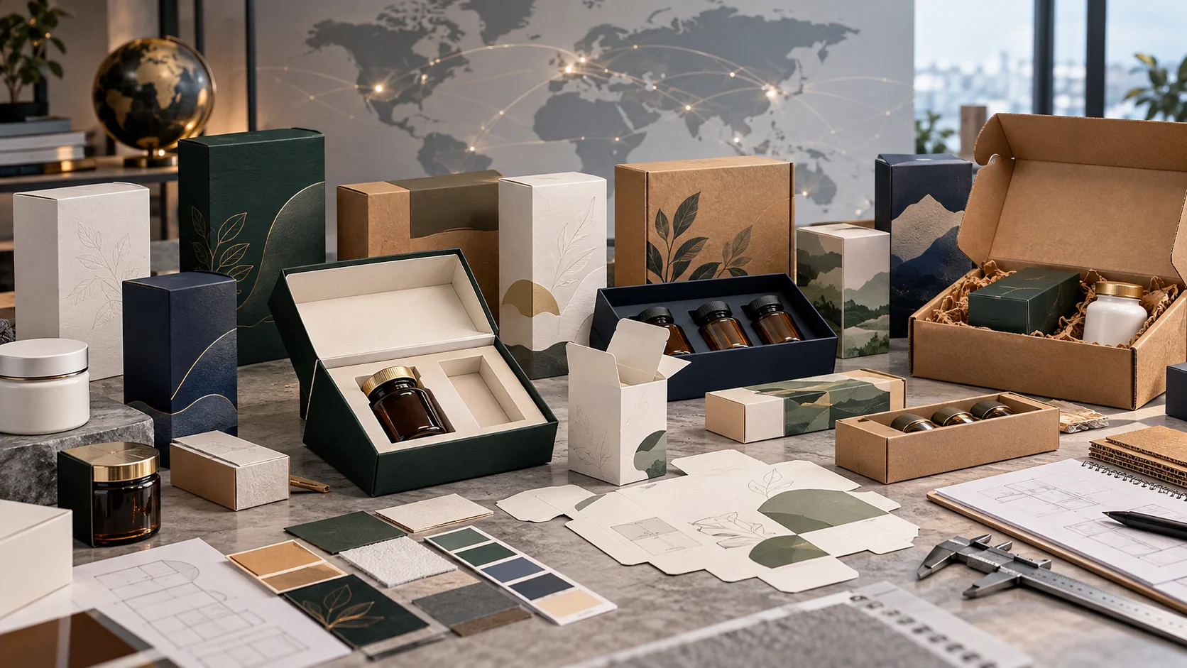 Top 13 custom supplement packaging box manufacturers worldwide with folding cartons, rigid boxes, inserts, corrugated mailers, packaging samples, dielines, and material swatches on a professional sourcing table.