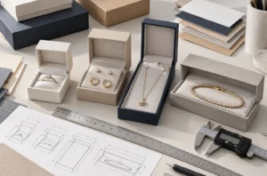 Jewelry box dimensions comparison for ring, earring, necklace and bracelet packaging with custom boxes, inserts and measuring tools.