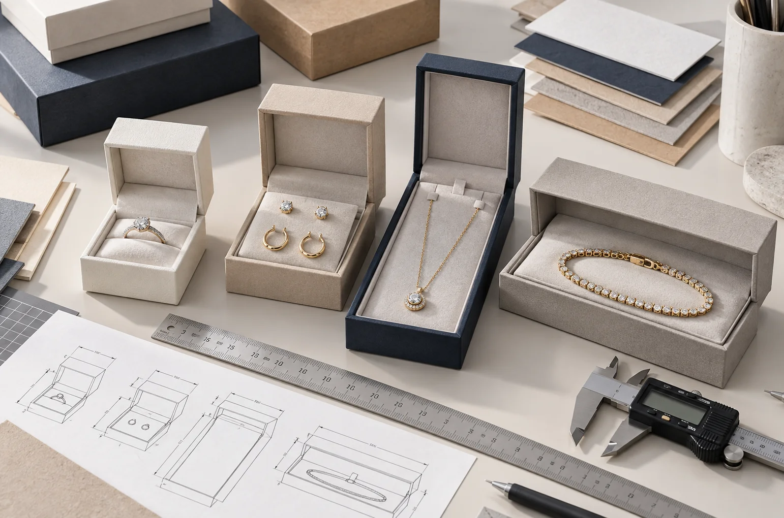 Jewelry box dimensions comparison for ring, earring, necklace and bracelet packaging with custom boxes, inserts and measuring tools.