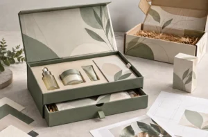 Custom PR packaging design featuring an open presentation box, paperboard inserts, skincare products, printed cards, and product launch kit samples.
