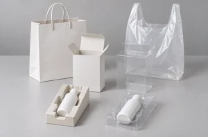 Paper vs plastic packaging comparison showing shopping bags, retail boxes and protective inserts holding matching white bottles.