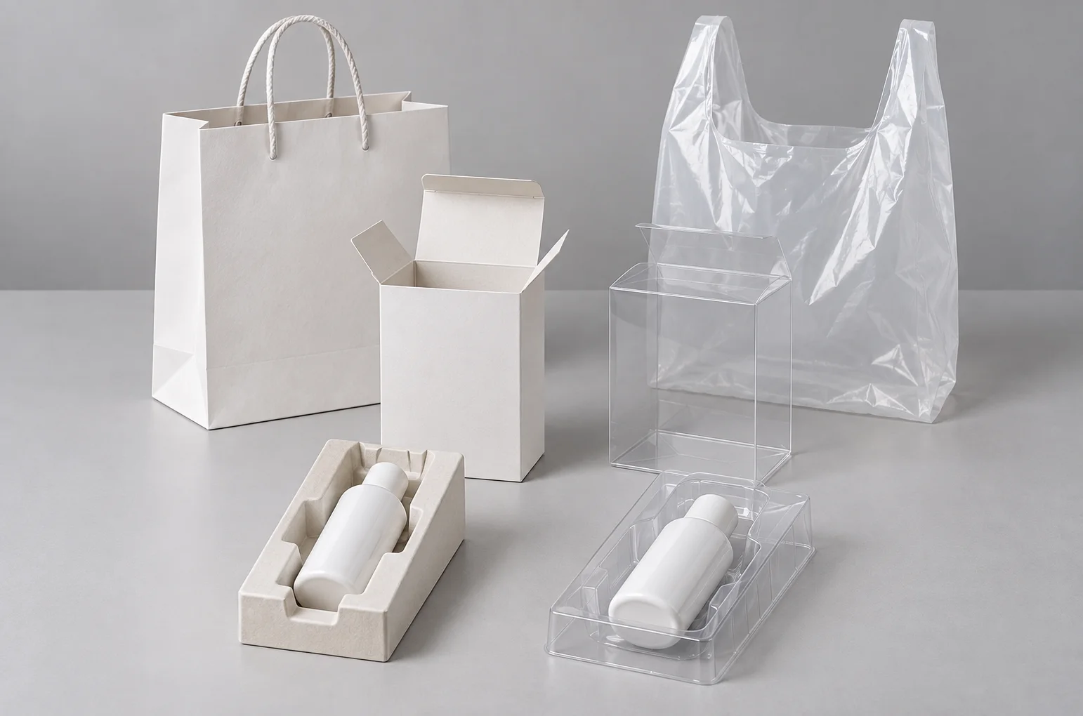 Paper vs plastic packaging comparison showing shopping bags, retail boxes and protective inserts holding matching white bottles.